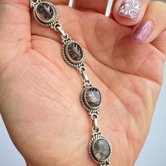 Natural Black Grey Needle RUTILE QUARTZ Sterling Silver 925 Bracelet New 7.5 - 8 - Picture 1 of 11